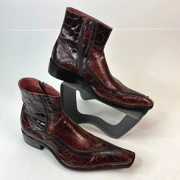 JO GHOST Men's Brown Crocodile Embossed Leather Square Toe Ankle Boots Size‎ 39